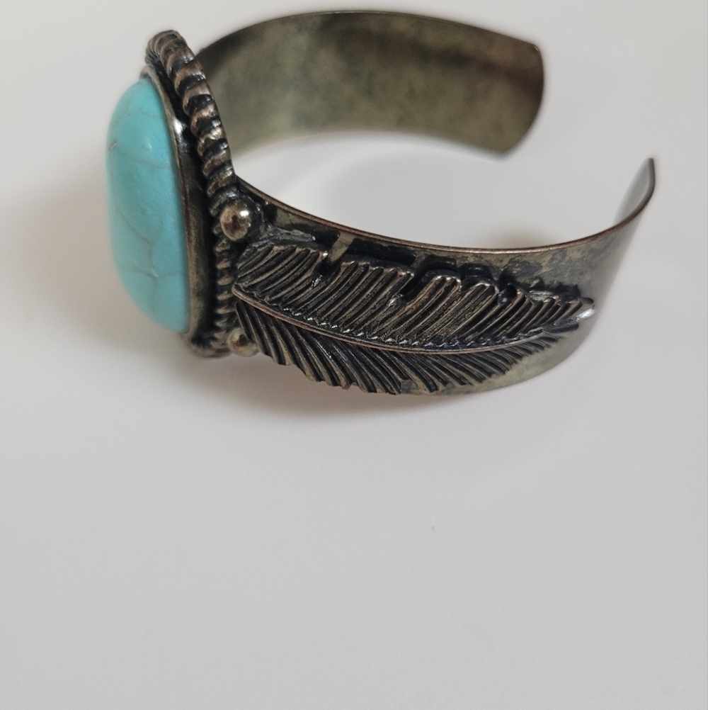 Vintage Blue Turquoise and Silver Feather Cuff Bracelet